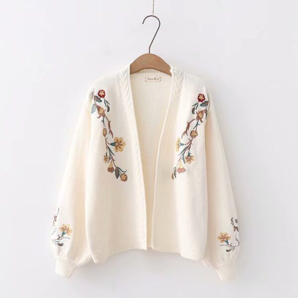 Knit Cardigan Embroidered Balloon Sleeve Loose Sweater Jacket